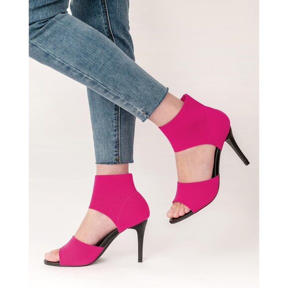 Hot Pink 3 Inches Peep Toe Synthetic Stiletto Stretchy Heeled Sandals for Women - Picture 9 of 10